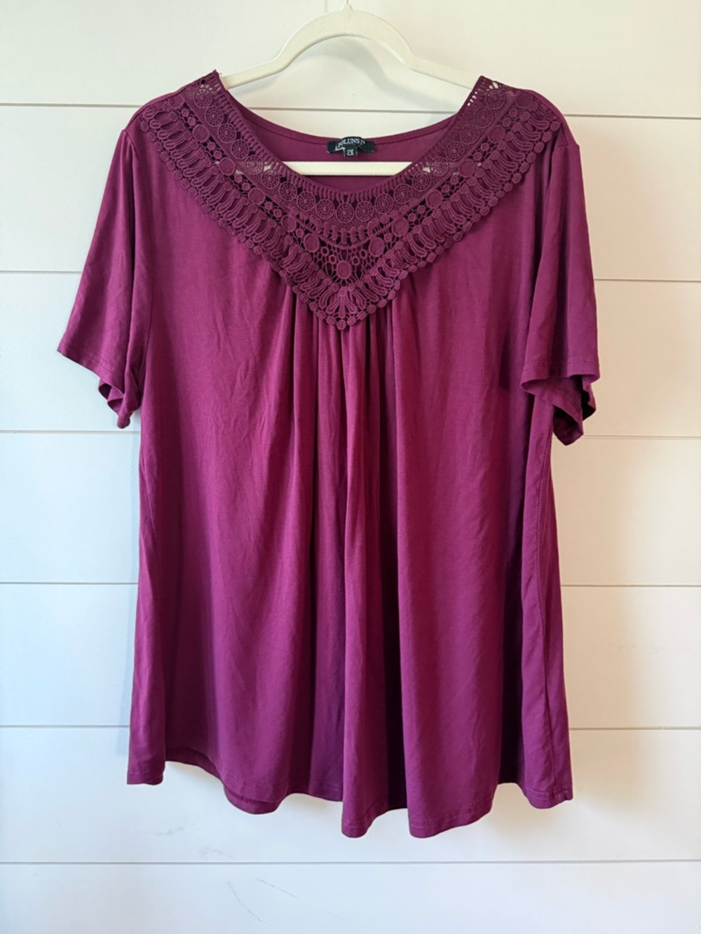 Burgundy Lace Trim Blouse 2X Boho Flowy Tunic Top Soft Feminine